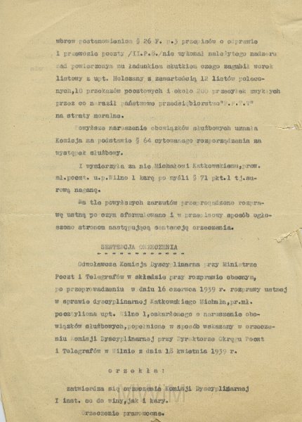 KKE 5597a.jpg - Dok. Odpis orzeczenia Odwoławczej Komisji Dyscyplinarnej przy Ministerstwie Poczt i Telegrafów w Warszawie, Warszawa, 16 VI 1939 r.